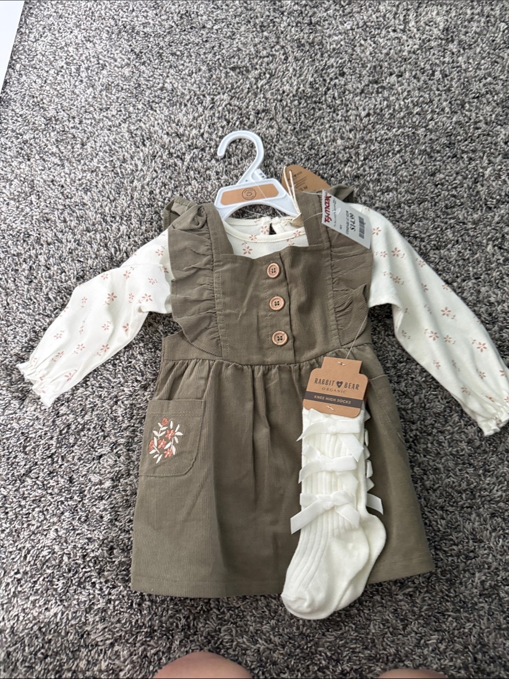 Rabbit & Bear Olive Green Ruffle Pinafore Dress with Cream Ruffle Socks